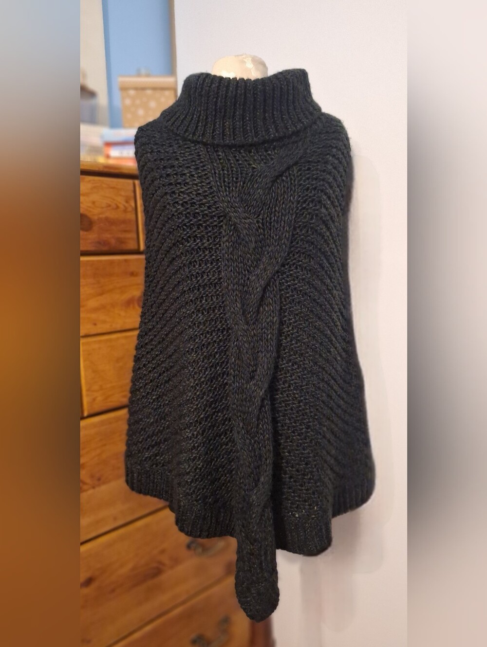 Eddie Bauer Soft Black Cable-Knit Turtleneck Poncho